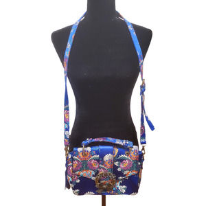 Aldo Chinese Embroidered Floral Blue Satin Rhinestone Brooch Crossbody P…